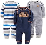 Simple Joys by Carter's Baby-Jungen 3-Pack Jumpsuits Spieler, Grau Meliert Rugby-Streifen/Marineblau Textaufdruck/Weiß Streifen, 6-9 Monate (3er Pack)