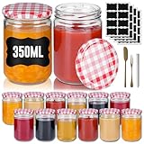 Suusolny 24 Stück Einmachgläser mit Schraubdeckel Vorratsgläser Marmeladengläser Einkochgläser für Marmelade Honig Joghurt Rundgläser mit Etiketten 0bstmesser Creme Gabel - 350ml - mit Karodeckel