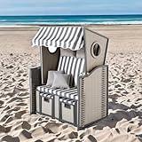 Wohnando Strandkorb 2-Sitzer grau anthrazit weiß Inkl. 2 Klapptische und Kissen - Volllieger Strandkörbe Polyrattan Hartholz Sonnenkorb für Terrasse Balkon Strand und Garten, Ostsee, Marine