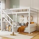 CDQL Hochbett Kinder 140x200cm, Hochbett mit sicherem Zaun, Stockbett Funktionsbett für Kinder und Jugendliche, Kinderbett mit Stauraumtreppe, ohne Matratze, Weiß