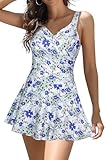 SHEKINI Damen-Badeanzüge, Bauchkontrolle, Einteiler, V-Ausschnitt, Bademode, Übergröße, Blau Gänseblümchen, XX-Large