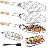 Fisch Grillhalter mit Holzgriff 3er, 63x12cm Große Fischbräter Fischgriller mit Griff aus Metall, Grillfisch Rack Fischgrillzange Fischkorb für Grill und BBQ