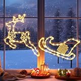 GlobaLink 1M Weihnachtsbeleuchtung Fenster mit Rentier, 95Led Rentier Beleuchtet Weihnachtsdeko, IP44 Weihnachtslichter Fensterdeko Batterie Lichterkette für Fenster Innen Weihnachten