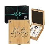 Maverton Weinöffner-Set personalisiert Weinset Sommelier Set - Geschenkbox Holzbox + 4er Weinzubehörset - aus Bambus - Braun - Geschenk zum Geburtstag für Herren - Name