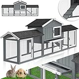 Lovpet® Kaninchenstall Hasenstall XXL Kleintiergehege Premium - Große Für bis 4 Hasen Doppelstockhaus - 2 Ebenen - Hasenkäfig Meerschweinchen Freilauf Garten - Winterfest Holz 220x50x86 cm, Grau/Weiß