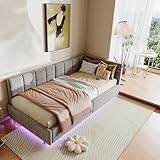 JYNVO Einzelbett 90 x 200 cm, Polsterbett Sofabett mit Hydraulisch Stauraum, Kinderbett mit USB/Typ-C-Ladeanschluss, Jugendbett mit RGB-Lichtleiste unter dem Bett, Samt, Grau