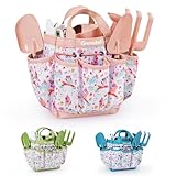 Grenebo-Gartenspielzeug für Kinder, inklusive Metallkelle, Pflanzschaufel, Gartenhut, Rechen, Schürze, Handschuhe, Gießkanne und Werkzeugtasche (rosa)