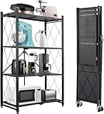 DEANIC 4 Etagen Klappregal Schwerlastregal,Haushaltsregal Standregal Klappbares Küchenregal mit Rollen,71 x 34 x 127cm Metallregal Schwarz,Bücherschrank Kostenlose Installation Wohnzimmer(Schwarz)