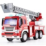 HERSITY Feuerwehr Spielzeug mit Drehleiter, Feuerwehrfahrzeug Kinder Spielzeugauto 1:16 mit Musik und Licht für Junge 3 4 5 Jahre
