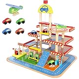 KRUZZEL Parkhaus für Kinder 3-Ebene Auto Garage aus Holz für Kinder über 3 Jahren - Set enthält 4 Autos, Hubschrauber - Parkgarage für Kinder Garage - Rollenspielzeug 22446