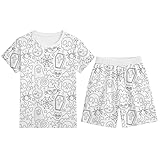 Halloween Kostüm Damen Schlafanzug Pyjama Sets Pyjama-Set für Jungen mit Halloween-Print, kurzärmelig, Rundhalsausschnitt, Shorts, Outfit, bequem, elastische Taille, lässige (White, 7-8 Jahre)