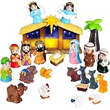 GDGZT 25 STK Krippenfiguren Kinder mit Beleuchtetem, Weihnachtsgeschichte Kleinkind Set, Weihnachtskrippe Klein mit Jesuskind, Maria, Josef und Krippe