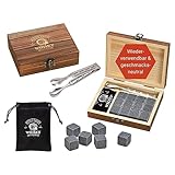 WOMA Whisky Steine Set I 12 Kühlwürfel aus Basalt inkl. Samtbeutel & hochwertiger Holzbox & Zange aus Edelstahl I Wiederverwendbare Eiswürfel für Whiskey Wodka Gin Rum Tequila & Cocktails