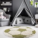 Carpetsale24 Hochflor Kinderteppich Bälle Fußball Form Grün und Weiß 120 cm Rund - Runder Teppich Kinderzimmer Langflor Babyteppich Spielteppich für Junge und Mädchen Extra Weich und Antiallergen