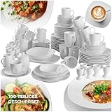 tectake® Geschirrset 12 Personen, Porzellan Geschirr Set 100tlg, u.a. 12x Dinner Teller Set, 12x Dessertteller, 12x tiefe Teller, 12x Tasse, 12x Müslischale, Salatschüssel, Milchkännchen, Zuckerdose