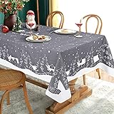 Yrendenge Weihnachtstischdecke Grau Tischdecke Abwaschbar Outdoor Tischtuch Rechteckig wasserdichte, Cartoon Häuser Elch Tablecloth für Winter Ferien Wohnkultur,Weiß 140 x 240 cm