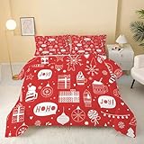 Weihnachtsbauernhaus Bettdecke 135x200 4 Jahreszeiten, Bettdecke ohne Bezug Waschbar Schlafdecke Schneeflockenornament Rot Vierjahreszeiten Steppdecke, Ganzjahresdecke mit 2 Kissenbezug 80x80cm V62