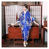 Einheitsgröße, weibliches Japanisches Kimono-Bademantelkleid, V-Ausschnitt, Satin, Abendparty, Abendkleid, Vintage-Cosplay-Kostüm, volle Ärmel (Color : Navy Blue 2, Size : One Size)
