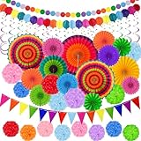 LISOPO Party Dekoration Papier Pompoms Set, Papier Fächer Set, Seidenpapier Pompons, Papierblumen Dreieckige Wimpel und hängende Glitter Punkt Girlande für Geburtstag Party, Hochzeit, Festival Deko