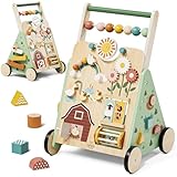 Lehoo Castle Lauflernwagen Holz, Einstellbar Baby Walker mit Activity Board, Laufwagen ab 1 Jahr, Baby Lauflernhilfe, Gehhilfe baby mit Spielzeug