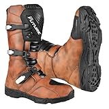 PRO FUTURE Adventure Motorradstiefel für Herren, Leder, braun, lang, mit Schnallen und Gummisohle, Motorradstiefel, braun, 43 EU
