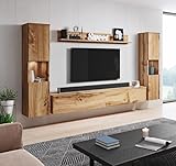 MINIO go for it - Wohnwand Parma XL, 4-Teilig Set, mit LED Beleuchtung, Hängend oder Stehend, 2X Highboard, Lowboard, Wandboard, Laminierte Spannplatte, Farbe: Wotan Eiche