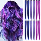 IAMERUI 12 Pcs Farbige Haarverlängerungen Bunte Haarverlängerung Party Highlights Multi-Farben Clip in Haar Synthetische Haarteile für Mädchen und Kinder (Blau Lila Lavendel)