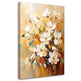 Feeby Bild auf Leinwand - Wandbilder Wohnzimmer Aesthetic - Weiße Blumen Ölfarbeffekt - 60x90 1tlg - Schlafzimmer Wandekoration - Bilder Zimmer - Living Room - Deko Wandbilder - Moderne Bild