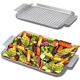 Grillkorb Set von 2 – Antihaftbeschichtete Grillschale, langlebige Grillpfannen mit Löchern für den Außenbereich, kleine und große Topperkörbe, Meeresfrüchte, 27.9 x 17.8 cm und 35.6 x 25.4 cm.