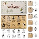 Pilikoll 16 Stück Weihnachten Holzstempelset Weihnachten Stempel Holz Merry Christmas Stempel Rund Recheckig Holzstempelset Christmas für Kartenbasteln Scrapbooking Geschenkpapier