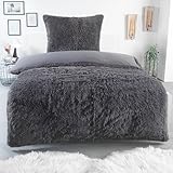 BaSaTex Flokai Fleece Winter Bettwäsche 135x200 + 80x80 Flausch Plüsch Bettgarnitur 2 teilig | Fellimitat aus 100% Mikrofaser | Farbe: Anthrazit/Anthrazit