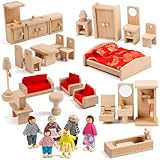 KABENFIS 5 Set Puppenhaus Möbel Zubehör mit Einer Familie von 6 Puppen Dekoration Rollenspiel Spielzeug für Mädchen Jungen