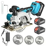 QIUMIN Kabellose Akku-Handkreissäge, Bürstenlose Mini-Kreissäge mit 2x 4000mAh Akkus, 48mm Schnitttiefe, 0-45° Gehrungsschnitt, inkl. 3 Sägeblätter (125mm/140mm/150mm)