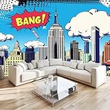 Vlies Fototapete 3D Effekt Blau Comic-Stil New York Empire State Building Vliestapete - Wandtapete Für Wohnzimmer Schlafzimmer Büro Flur Tapete Kinderzimmer Jungen Mädchen Wandtapete 300 x 210 cm