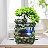 Grüne Pflanze Brunnen, Tisch Zimmerbrunnen Wasserfall mit Farbwechsel LED Beleuchtung, Tischbrunnen mit Feng Shui Rad, Springbrunnen für Platzierung Wohnzimmer, Büro Reinigt die Luft (15 x 18 x 30cm)