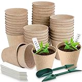 Aileem 40 Stück Anzuchttöpfe, Ø 8cm Biologisch Abbaubare Pflanztöpfe mit 40pcs Kunststoffetiketten und Umpflanzen Digging Tools, Pflanze Blume Seed Tray Pots Kits, Garten