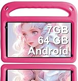 GOODTEL 7 Zoll Android Tablet ｜Android System mit 7 GB + 64 GB Speicher｜Bluetooth｜GPS｜Doppelkamera｜Lernspiele und Spiele für Eltern｜Eva-Spritzwasserschutzhülle (Rosa)