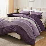 Litanika Violettes Bettdecken-Set für Queensize-Betten, 3-teilig, leicht, grau-violett, Colorblock-Streifen, flauschiges Bettwäsche-Set, Ganzjahres-Bettwäsche-Set