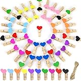 qingmeng Holzklammern Klein, 50 Stück Mini Wäscheklammern Holz Bunt Herz, 3.5cm Kleine Klammern für Fotos Aufhängen Fotoseil mit Klammern, Kleine Wäscheklammern Holz für Bilder Collagen Postkarten Fo