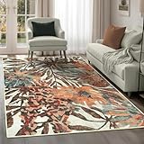 Rug-QJDDUP Teppich Wohnzimmer 160 x 230 cm Kurzflor Rutschfester Weicher Rechteckig Teppich für Schlafzimmer Flur küchen büro Modernes Blumenmuster in Orange, Braun und Grün