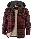 zitysport Hemdjacke Herren Hemd Sherpa Fleece Kariert Gefüttert Kapuzenjacke Fleecefutter Mantel Winterjacke mit Taschen Flanelljacke Outdoor Kariertes Männer Sweatjacke mit Kapuze(Rot Grau, L)