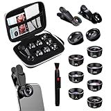 10 in 2 Handy Kamera objektiv Handy Objektiv Fischaugenobjektiv 210° Weitwinkel 120° Makroobjektiv (25x) Sternfilter Telephoto,Kaleidoscope,CPL/Star Filter,mit Reinigenstift,für meisten Smartphones