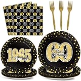 Partygeschirr zum 60. Geburtstag, Partygeschirr, Vintage 1965, Partyzubehör, 60 Jahre alt, Geburtstagsparty-Dekorationen, Teller, Servietten, Gabeln, Schwarz und Gold, Geschirr für Männer oder Frauen