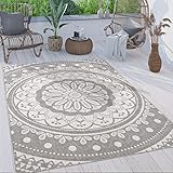 Paco Home Outdoor Teppich wetterfest & robust modernes Mandala & Boho Design pflegeleicht & flachgewebt für Balkon, Terrasse, Garten, Wohnzimmer & Küche Ethno Mandala, Grösse:80x150 cm, Farbe:Grau