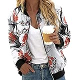 Bomberjacke Damen Kurz Herbstt Casual Übergangsjacke Elegante Blumenmuster Freizeitjacke mit Reißverschluss Langarm Stehkragen Sportjacke Outdoor Leichte Sweatjacke Blouson Jacket für Damen