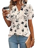 Rapbin Bluse Damen Kurzarm Tunika Elegantes Oberteil V-Ausschnitt Knopfleiste Shirt Business Casual Outfits Blumen-Schwarze M