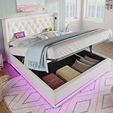 Crlnaup Polsterbett Doppelbett 180 * 200 cm,Weiß PU-Material Hydraulisches Stauraumbett, gepolstertes Kopfteil mit USB Typ-C Ladefunktion, 3-seitige LED-Funktion(Ohne Matratze)