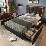 Polsterbett Doppelbett Bettgestell mit 4 Schubladen&LED-Beleuchtungsleiste&Höhenverstellbarem Kopfteil&Lattenrost,Stauraumbett Funktionsbett Bettgestell Jugendbett,PU Schwarz,Ohne Matratze,160*200cm