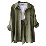 YueYue Musselin Zweiteiler Damen Outfit Set Musselin Bluse Shorts Musselin 2 Teiler Kleidung für Damen Elegant Strand Urlaub Loungewear Set Freizeitanzug Leicht Two Piece Mit Oberteil (001 GN2-3, S)