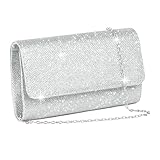 YEWCEP Clutch Silber Glitzer, Elegante Abendtasche Silber für Damen, Handtasche mit Kette, 20 x 10 x 5 cm, Perfekt für Party Hochzeit Date